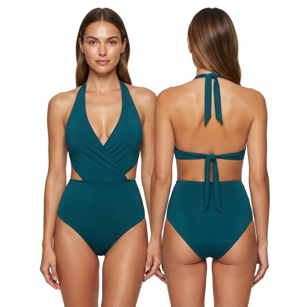 ZERACA Swimsuit Womens M Everglade Green Halter Cutout One Piece Monokini New